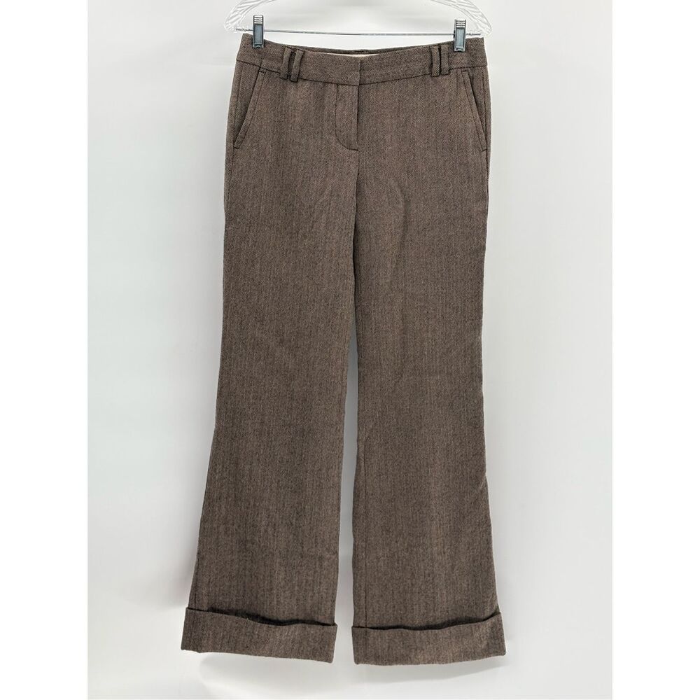 J. Crew Wide‎ Leg Dress Pants Cuffed Wool Women 2 Brown City Fit Mid Rise Tweed